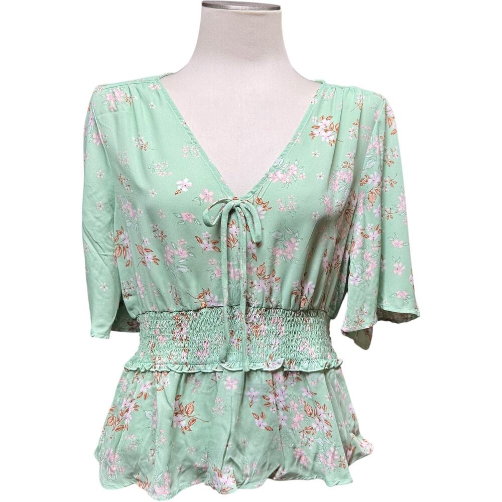 Lily White V-Neck Flowy Top Floral Green Pink XL